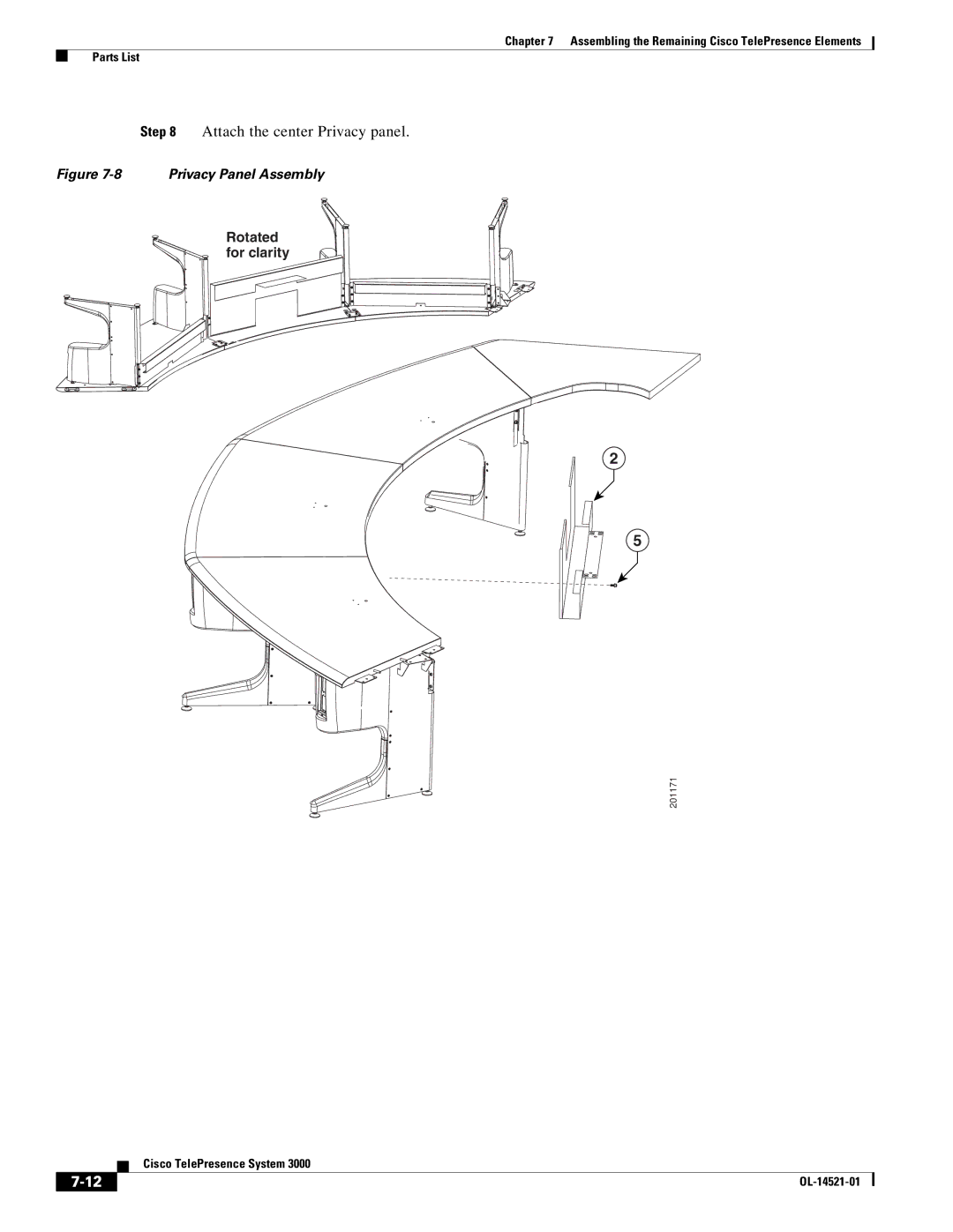 Cisco Systems 3000 manual Attach the center Privacy panel, Rotated for clarity 