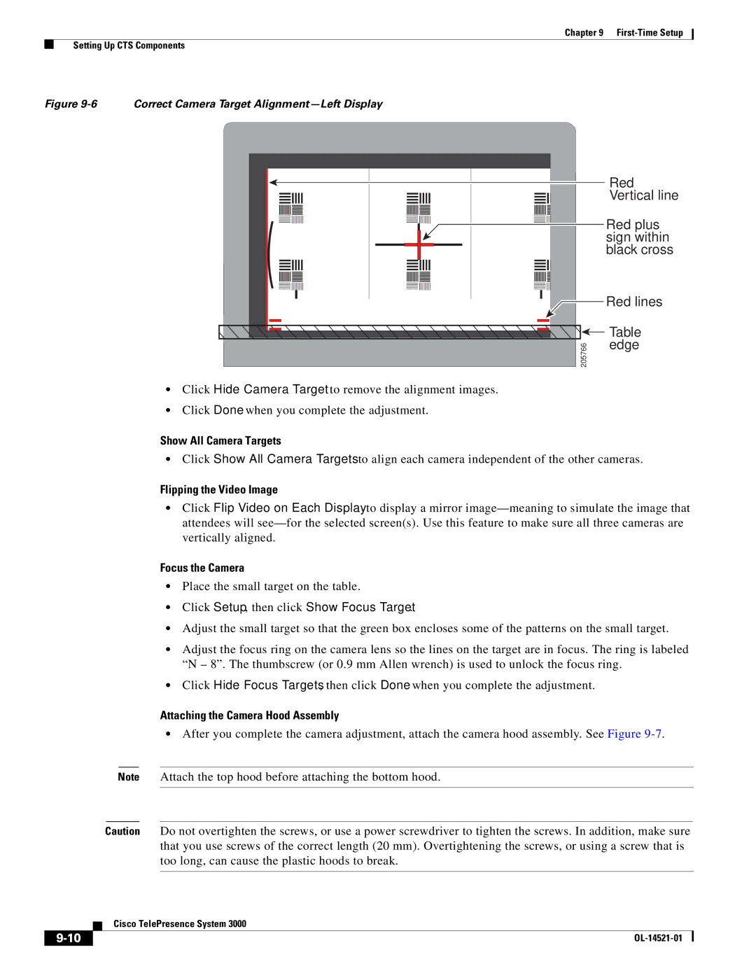 Cisco Systems 3000 Show All Camera Targets, Flipping the Video Image, Focus the Camera, Attaching the Camera Hood Assembly 