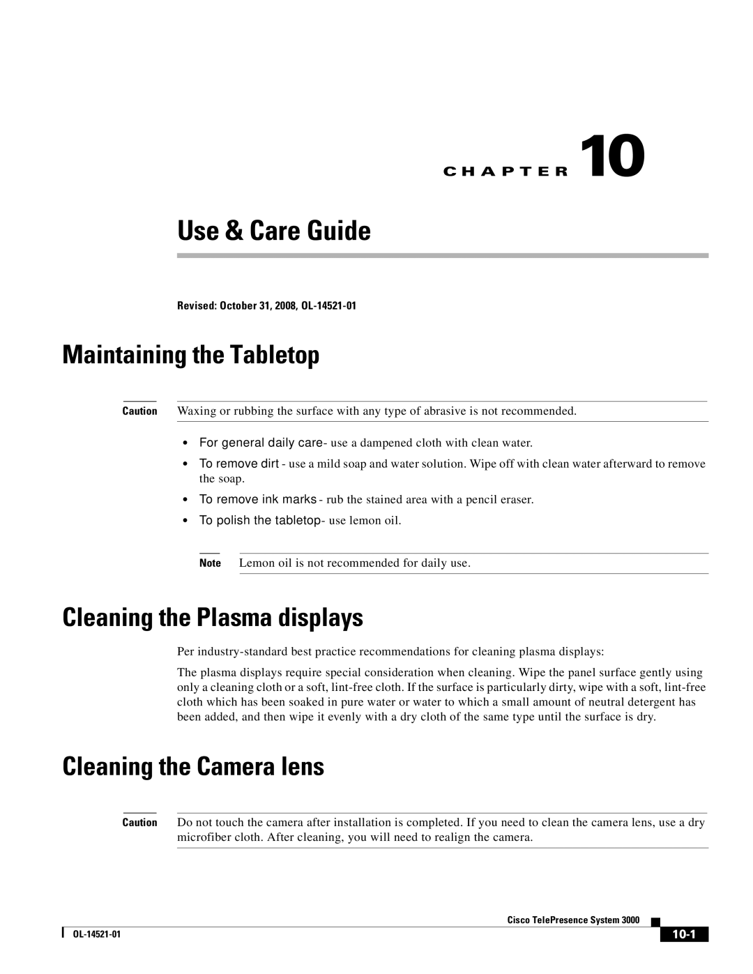 Cisco Systems 3000 manual Maintaining the Tabletop, Cleaning the Plasma displays, Cleaning the Camera lens, 10-1 