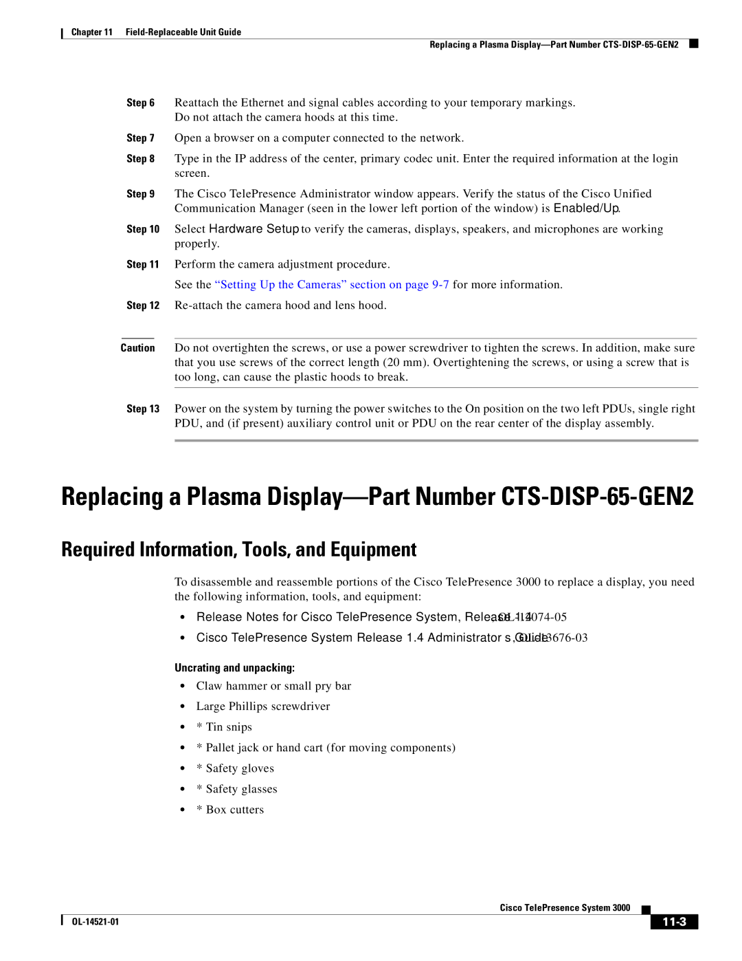 Cisco Systems 3000 manual Replacing a Plasma Display-Part Number CTS-DISP-65-GEN2, 11-3 