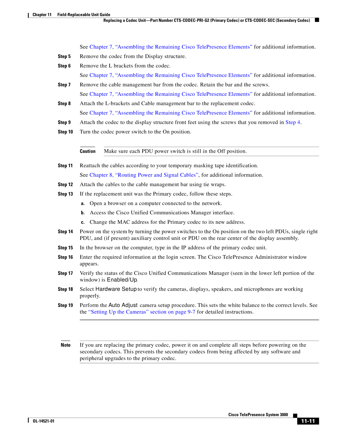 Cisco Systems 3000 manual Remove the L brackets from the codec, 11-11 