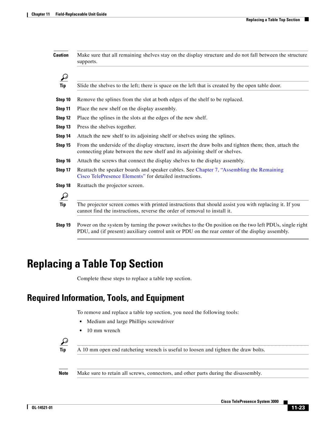 Cisco Systems 3000 manual Replacing a Table Top Section, Complete these steps to replace a table top section, 11-23 