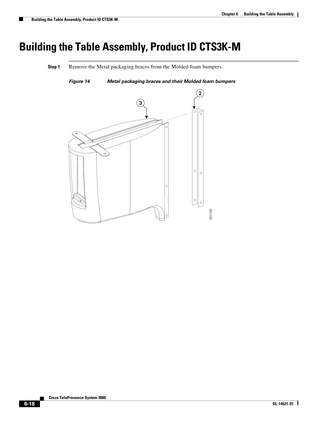 Cisco Systems 3000 Building the Table Assembly, Product ID CTS3K-M, Metal packaging braces and their Molded foam bumpers 