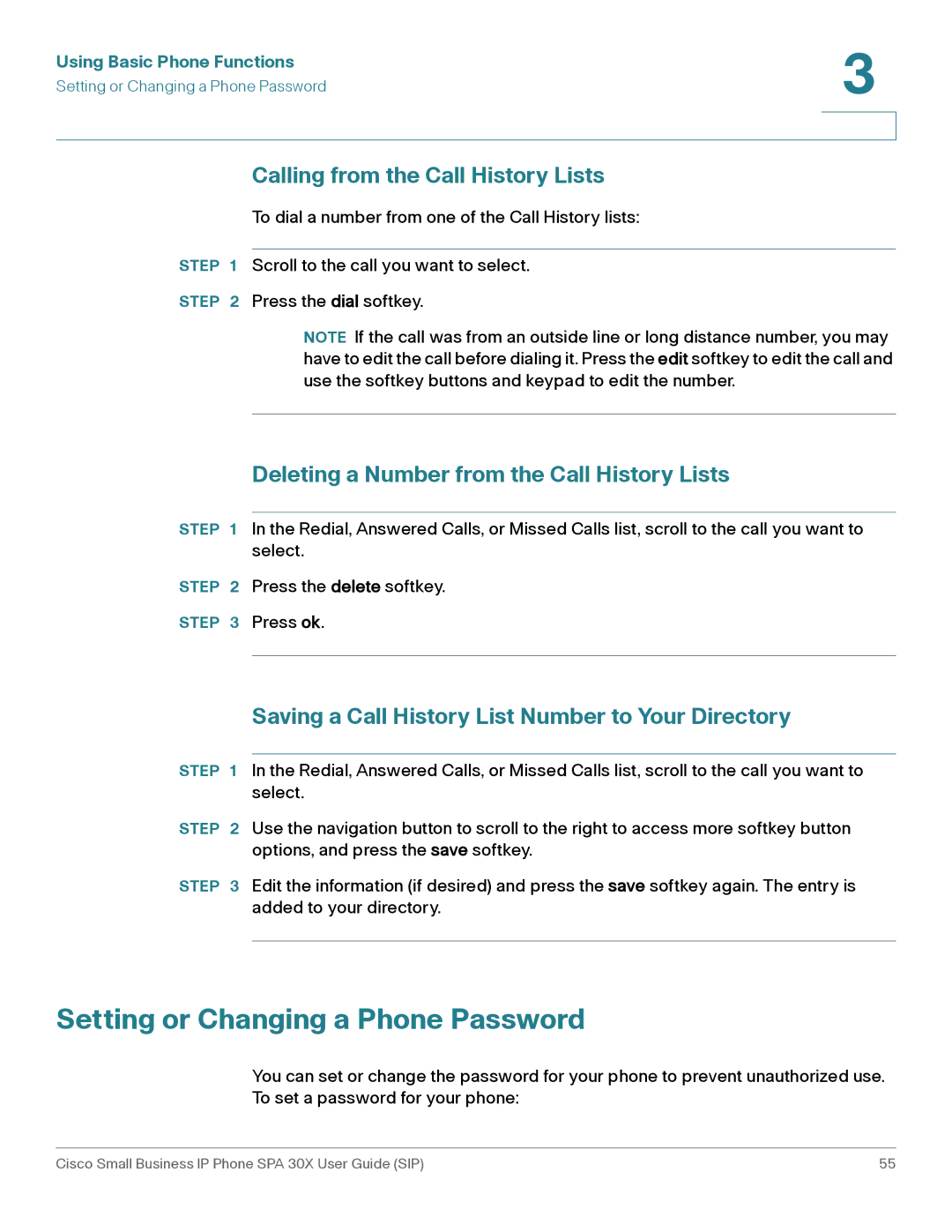 Cisco Systems 303, 301 manual Setting or Changing a Phone Password, Calling from the Call History Lists 