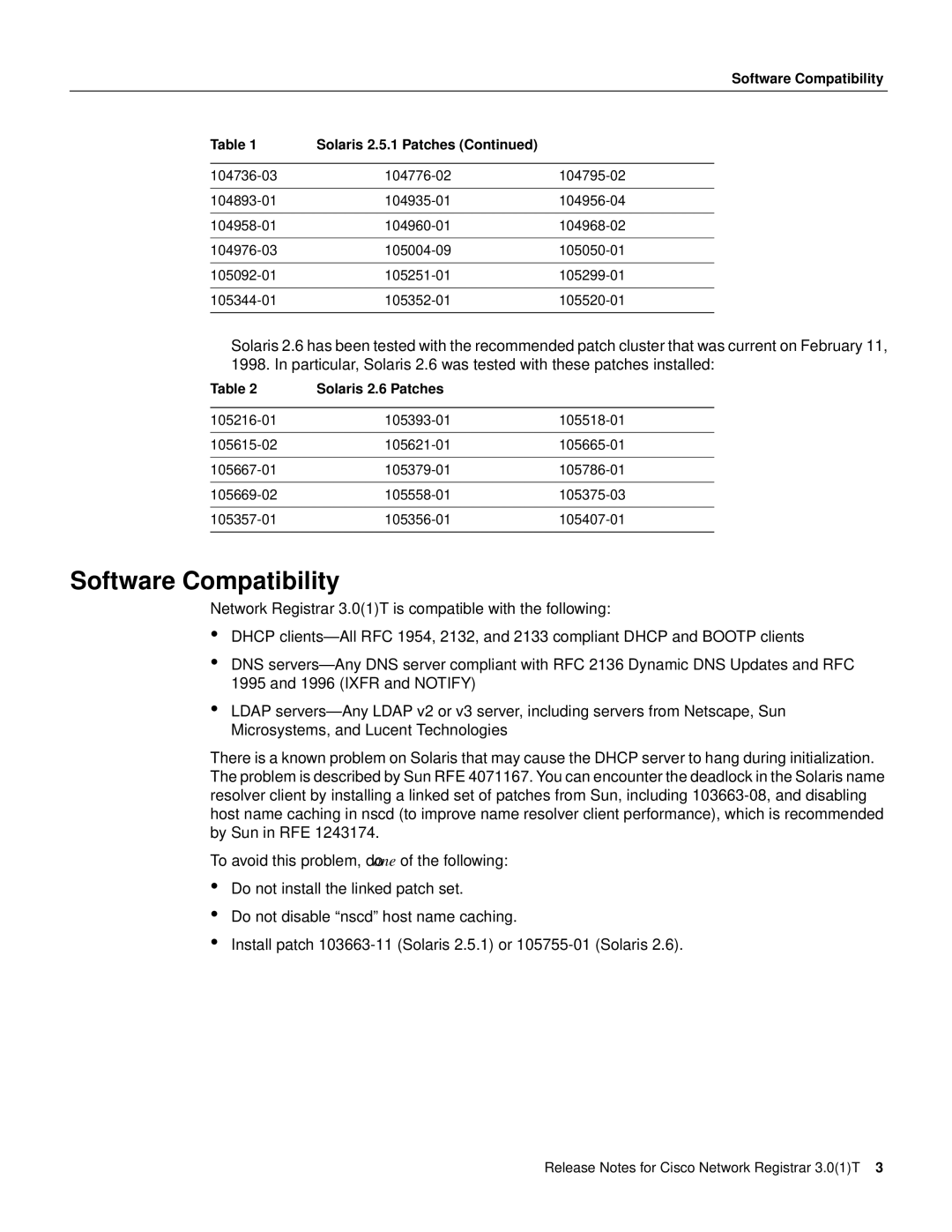 Cisco Systems 3.0(1) manual Software Compatibility Solaris 2.5.1 Patches 