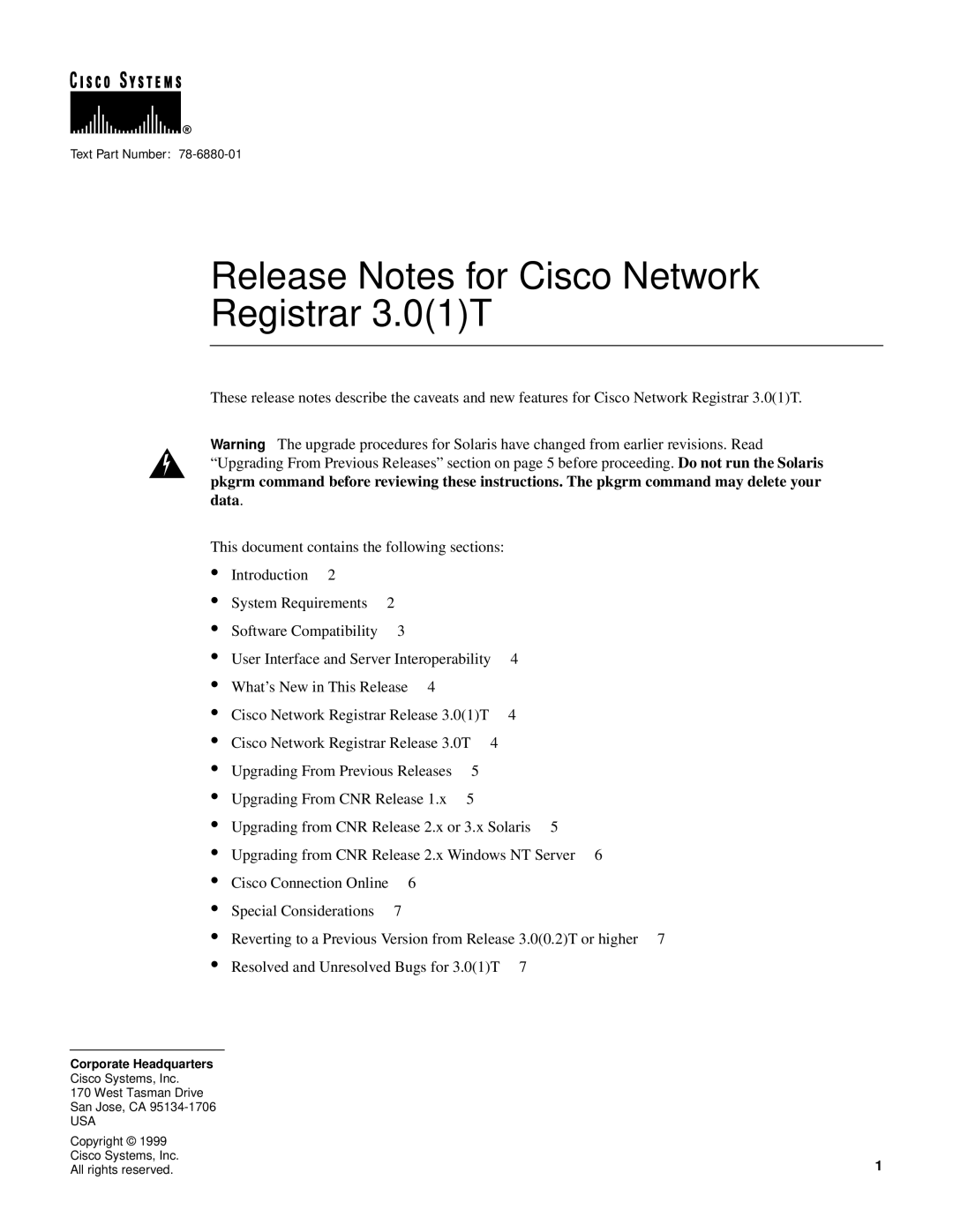 Cisco Systems 3.0(1) manual data, Release Notes for Cisco Network Registrar 3.01T 