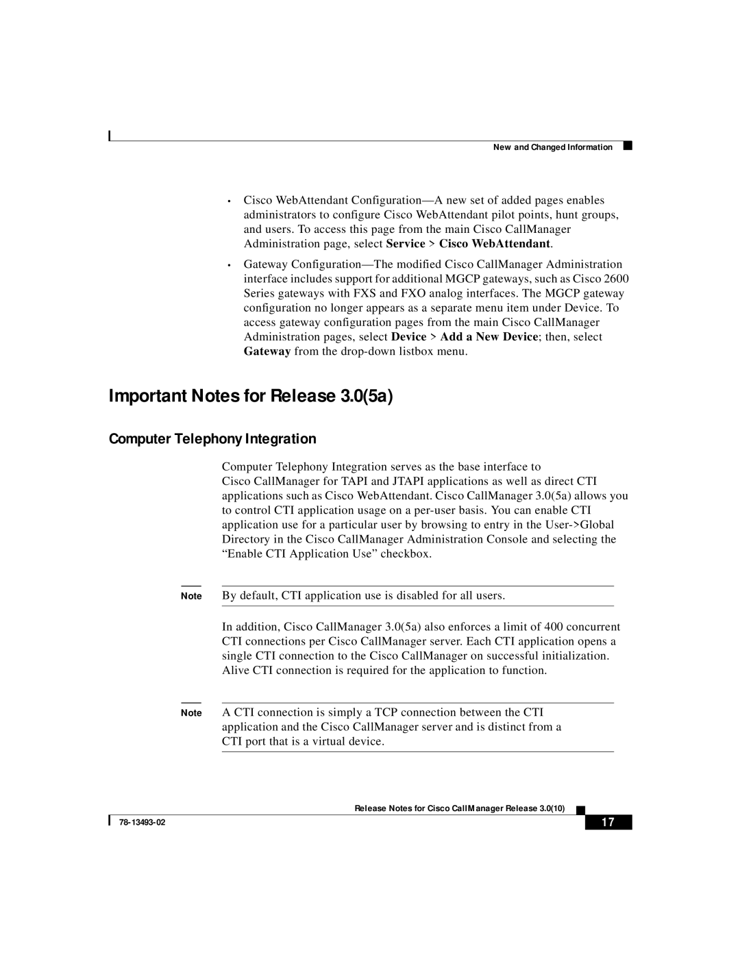 Cisco Systems 3.0(10) manual Important Notes for Release 3.05a, Computer Telephony Integration 