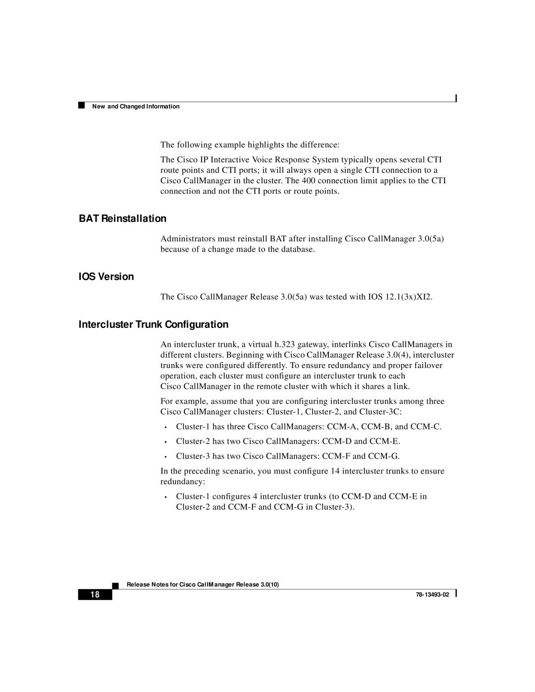 Cisco Systems 3.0(10) manual BAT Reinstallation, IOS Version, Intercluster Trunk Configuration 