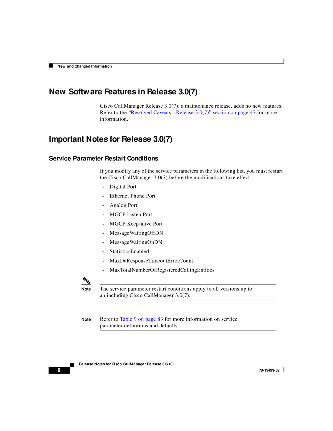 Cisco Systems 3.0(10) manual Important Notes for Release, Service Parameter Restart Conditions 