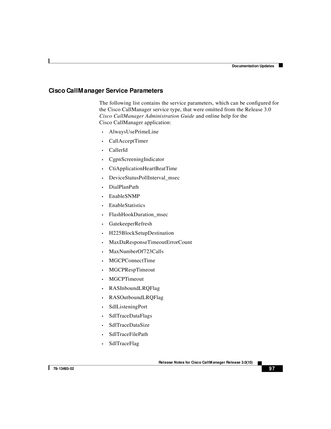 Cisco Systems 3.0(10) manual Cisco CallManager Service Parameters 