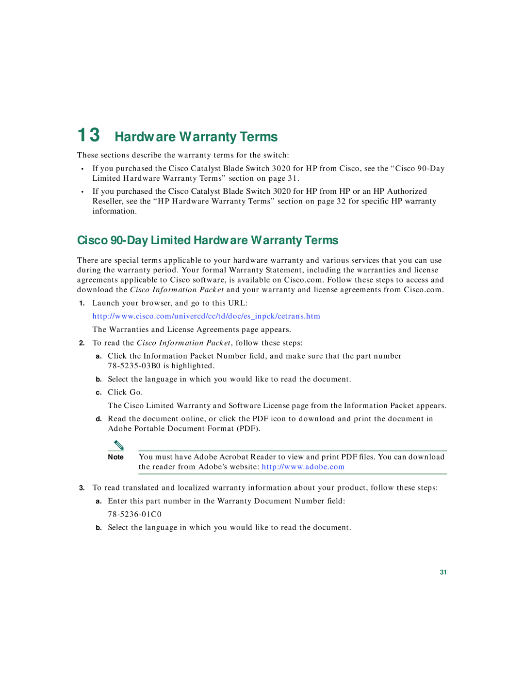 Cisco Systems 3020 warranty Cisco 90-Day Limited Hardware Warranty Terms 