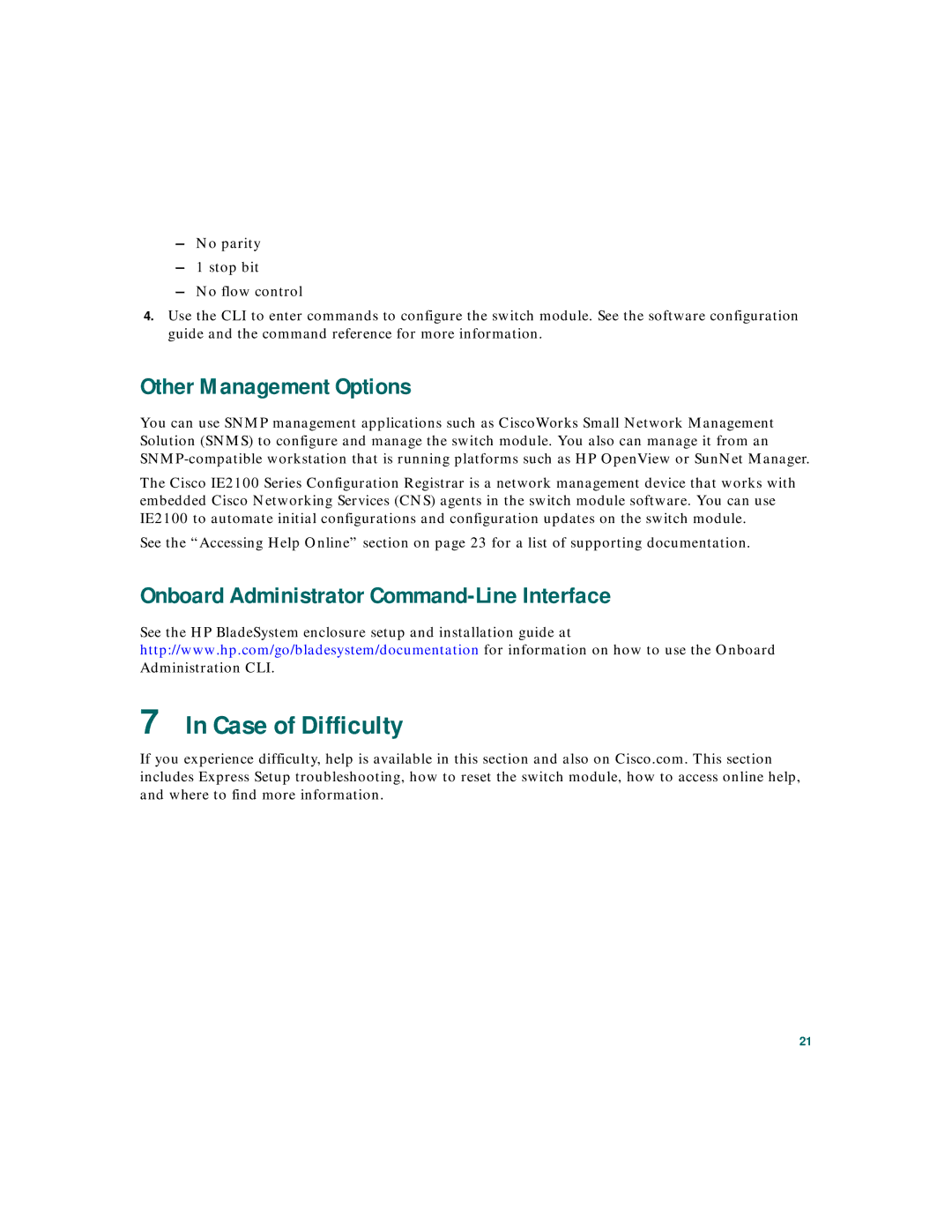 Cisco Systems 3020 warranty Case of Difficulty, Other Management Options, Onboard Administrator Command-Line Interface 