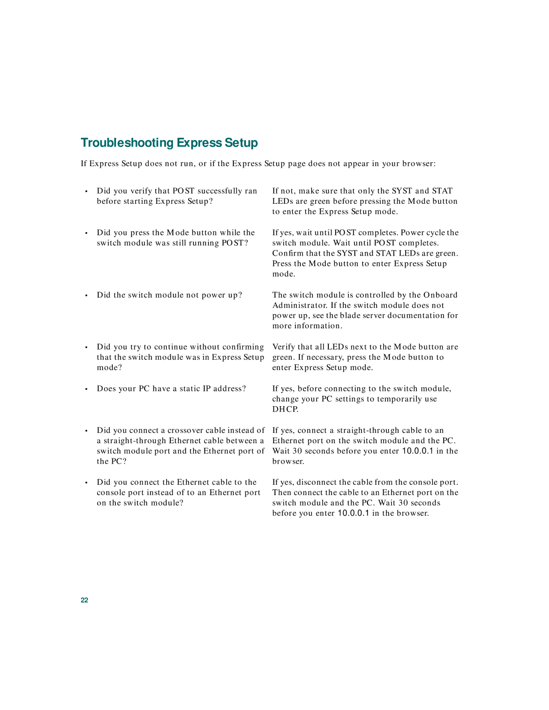 Cisco Systems 3020 warranty Troubleshooting Express Setup 