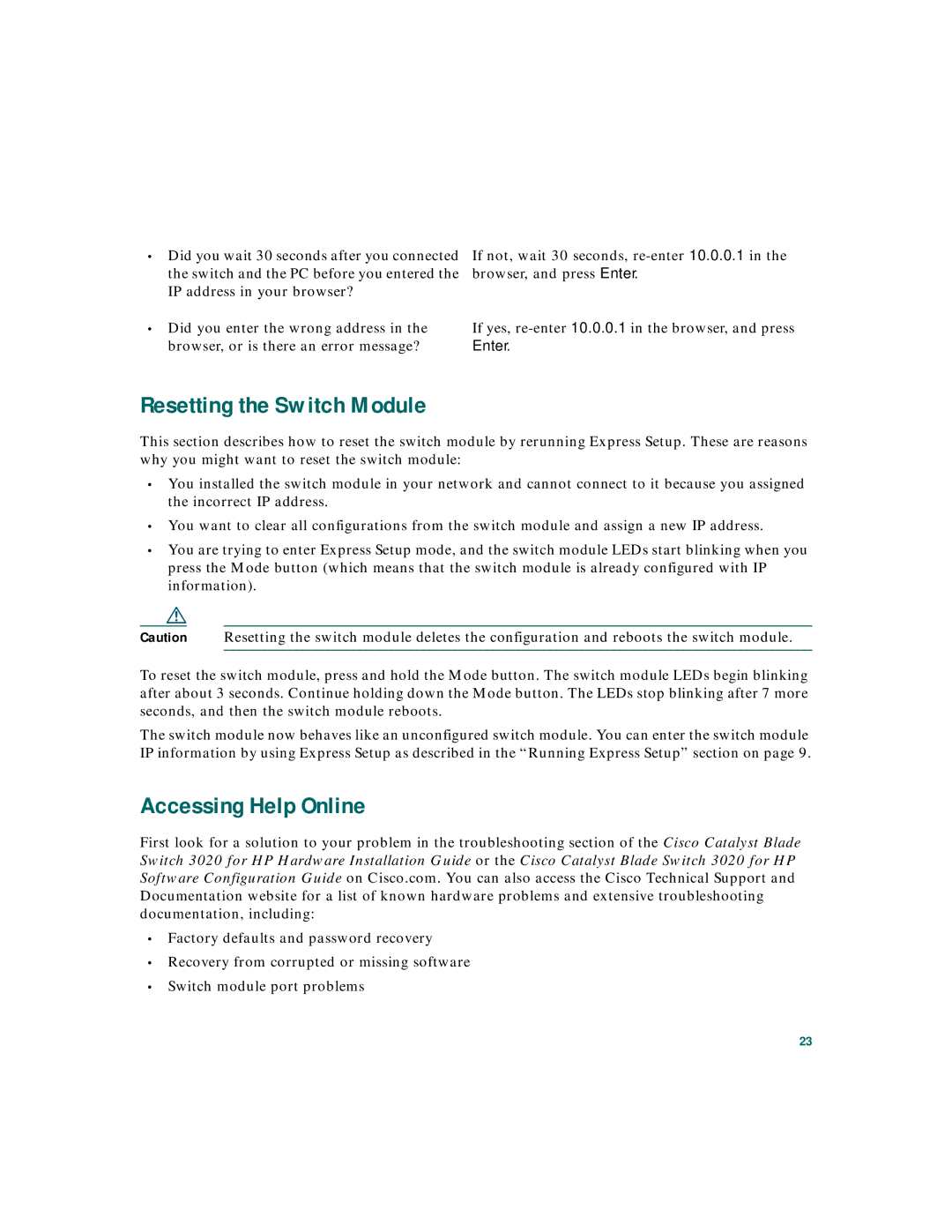 Cisco Systems 3020 warranty Resetting the Switch Module, Accessing Help Online 