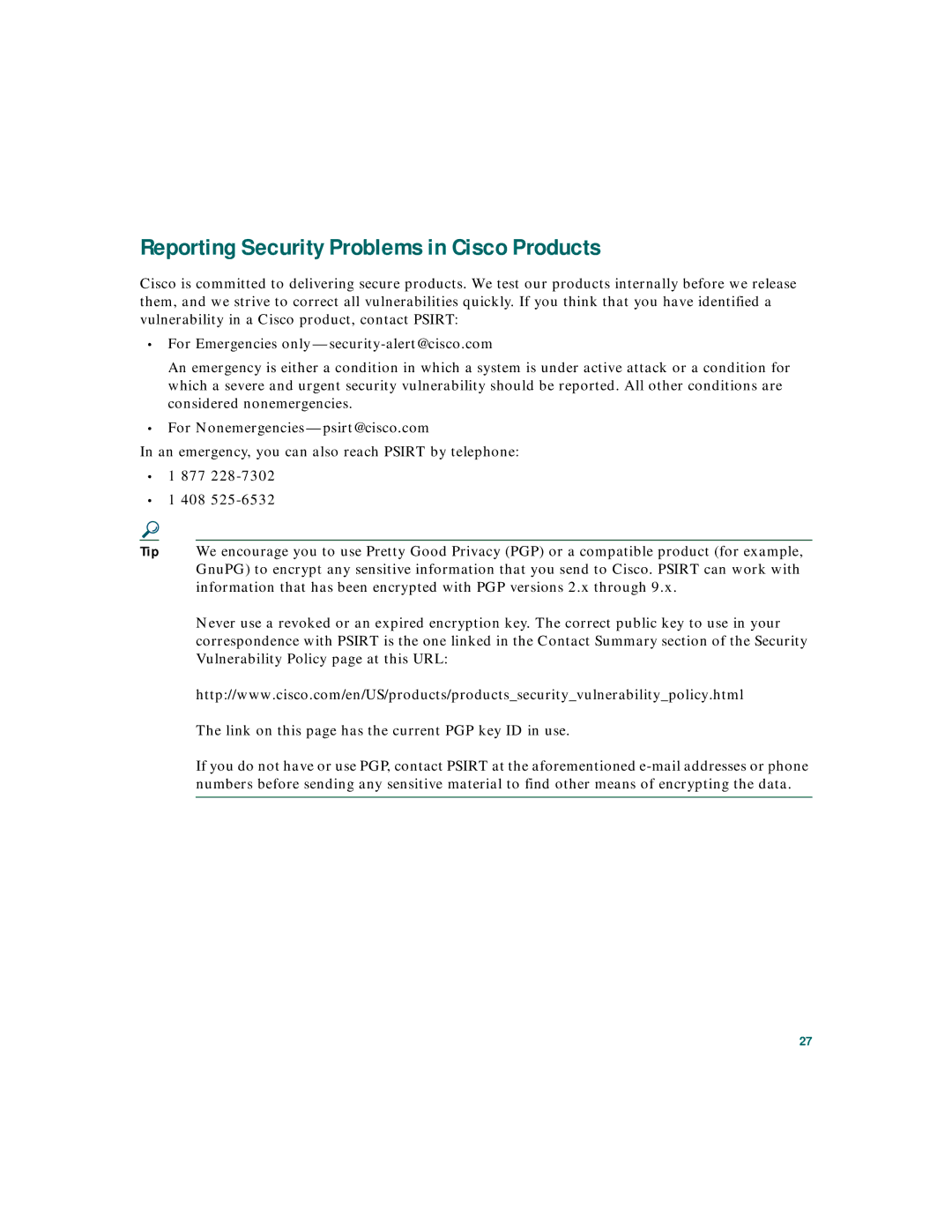 Cisco Systems 3020 warranty Reporting Security Problems in Cisco Products 