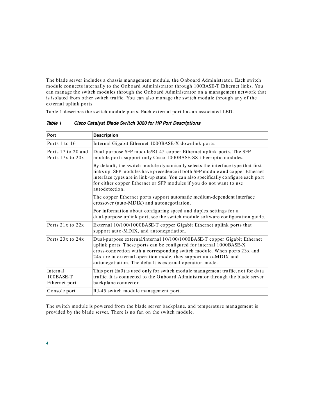 Cisco Systems 3020 warranty Port Description 