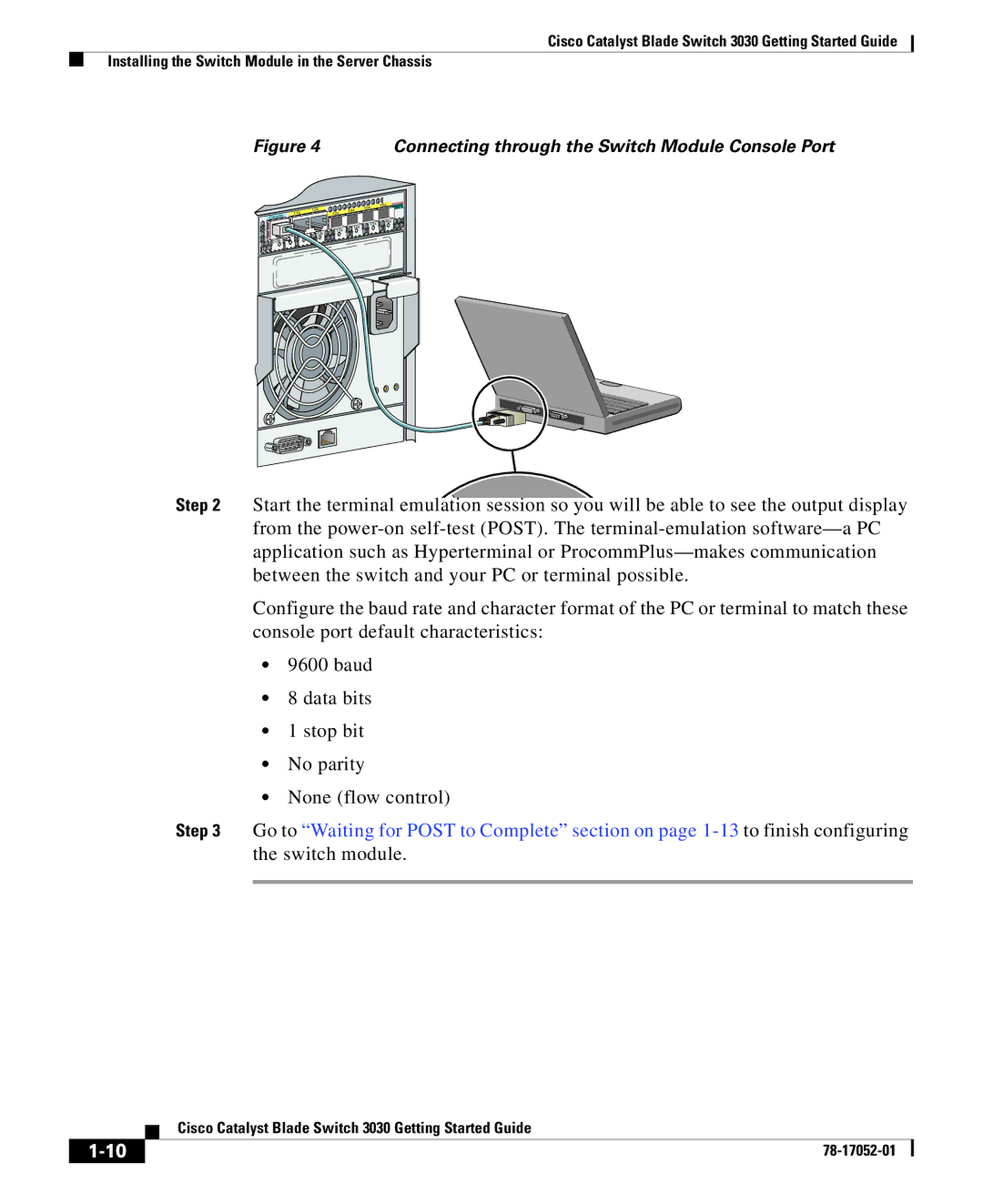 Cisco Systems 3030 manual Connecting through the Switch Module Console Port 