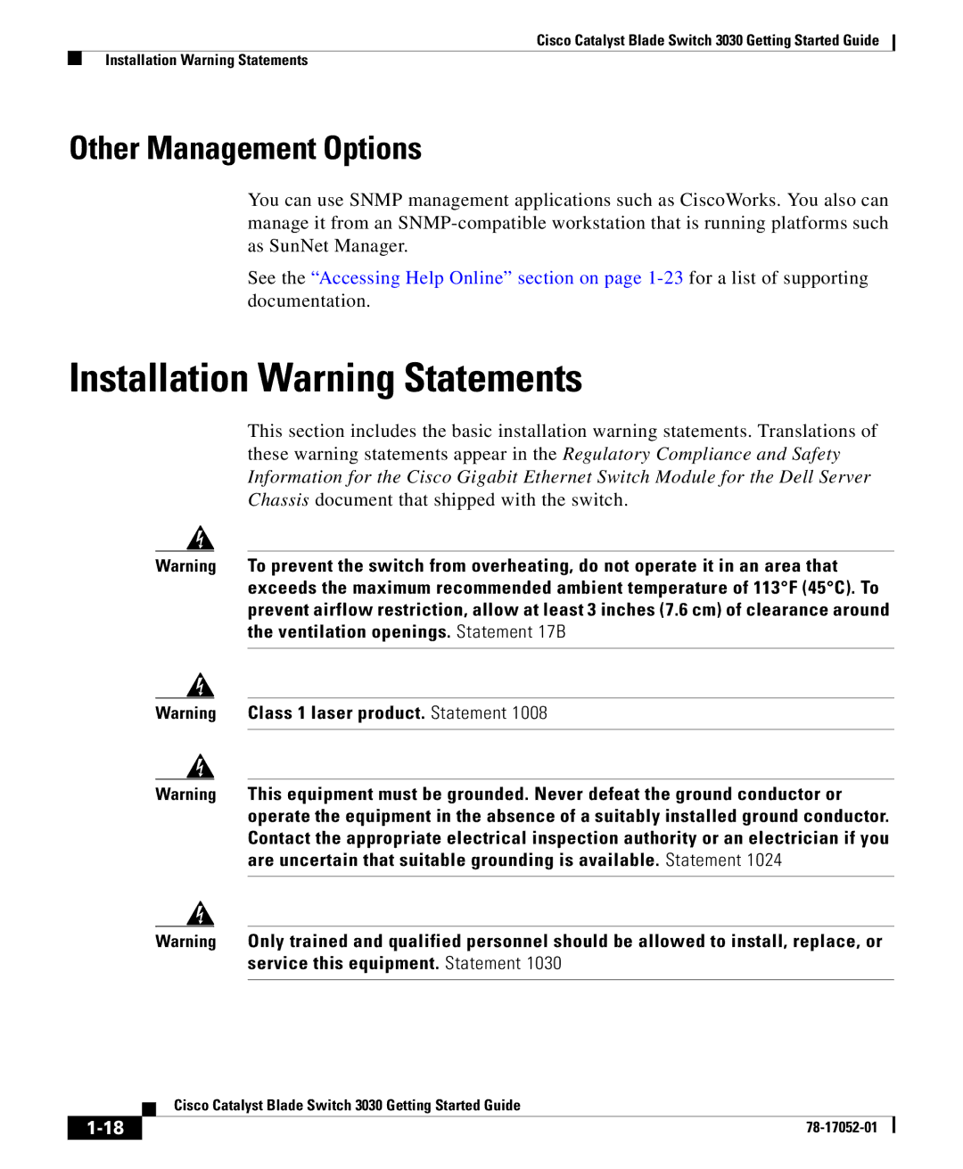 Cisco Systems 3030 manual Installation Warning Statements, Other Management Options 