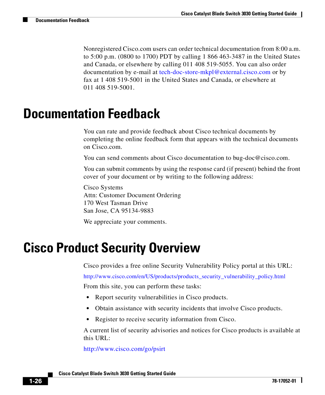 Cisco Systems 3030 manual Documentation Feedback, Cisco Product Security Overview 