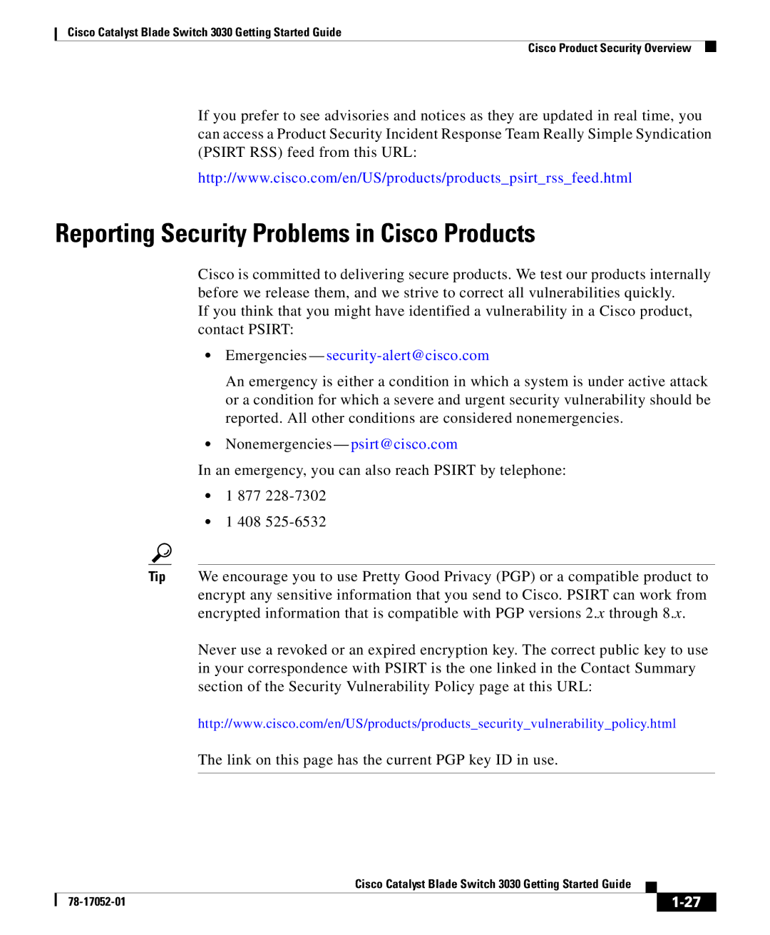 Cisco Systems 3030 manual Reporting Security Problems in Cisco Products, Emergencies security-alert@cisco.com 