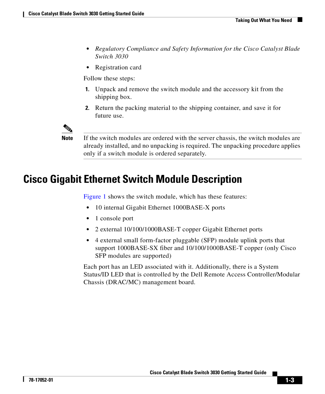 Cisco Systems 3030 manual Cisco Gigabit Ethernet Switch Module Description 