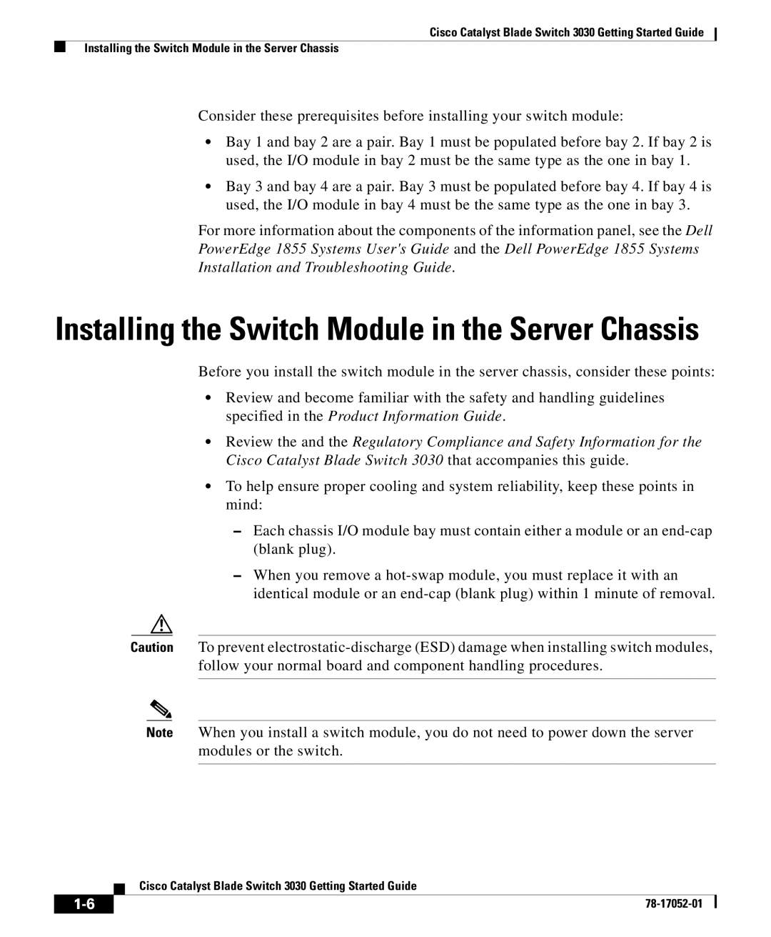 Cisco Systems 3030 manual Installing the Switch Module in the Server Chassis 