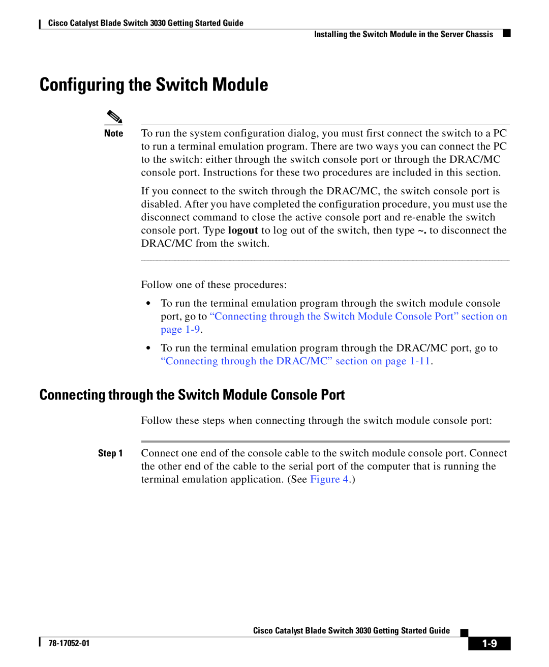 Cisco Systems 3030 manual Configuring the Switch Module, Connecting through the Switch Module Console Port 