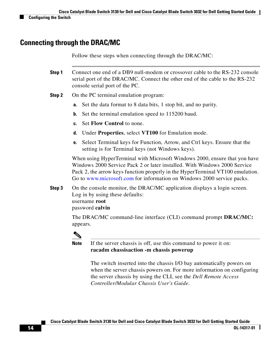 Cisco Systems 3032, 3130 manual Connecting through the DRAC/MC 