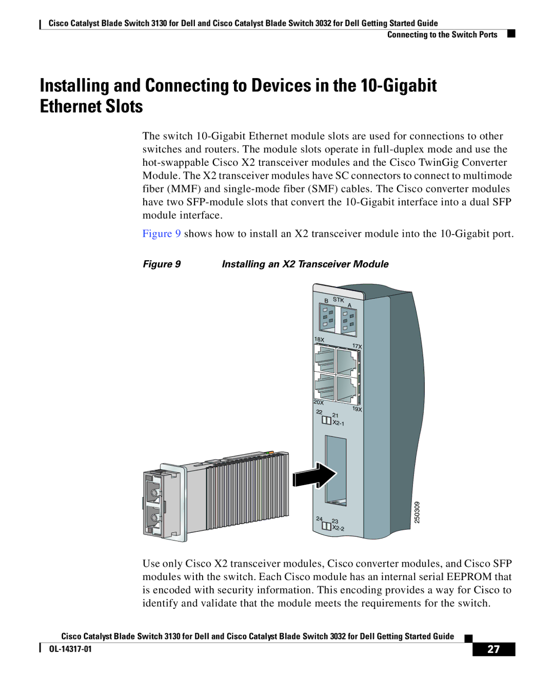 Cisco Systems 3130, 3032 manual Installing an X2 Transceiver Module 