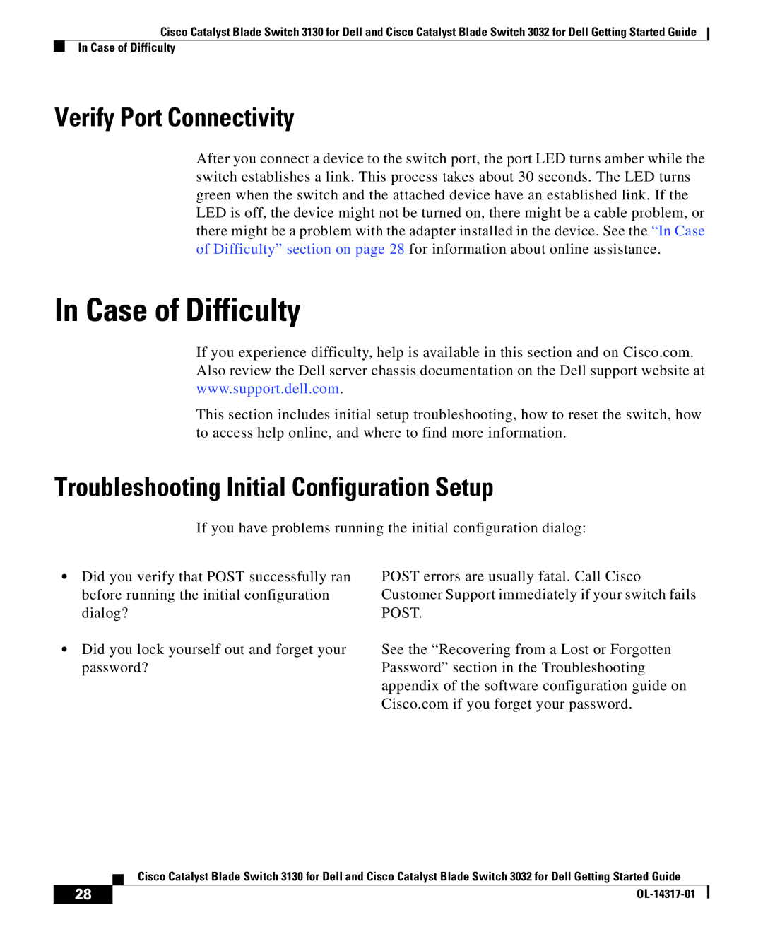 Cisco Systems 3032, 3130 manual Case of Difficulty, Verify Port Connectivity, Troubleshooting Initial Configuration Setup 