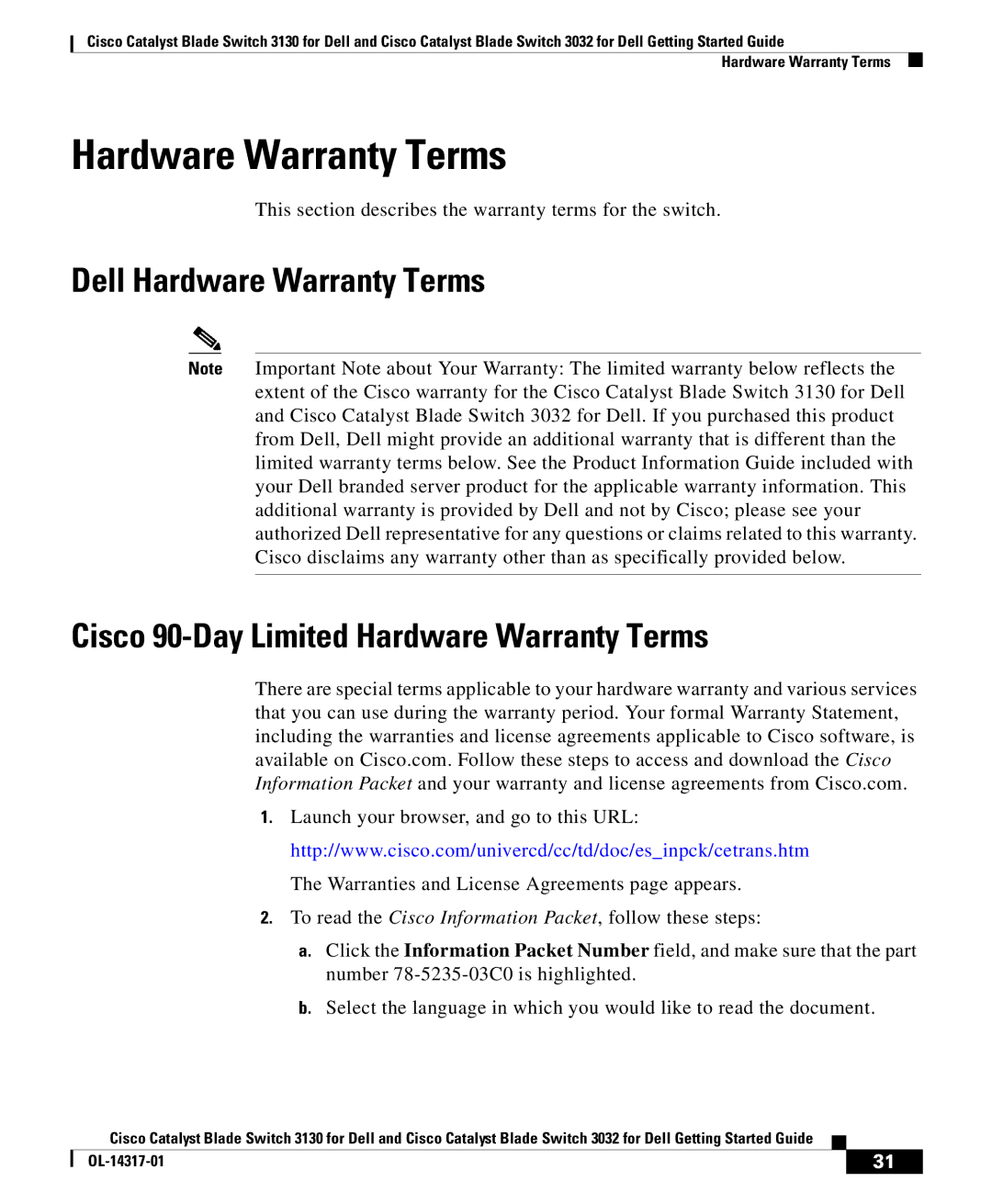 Cisco Systems 3130, 3032 manual Hardware Warranty Terms 