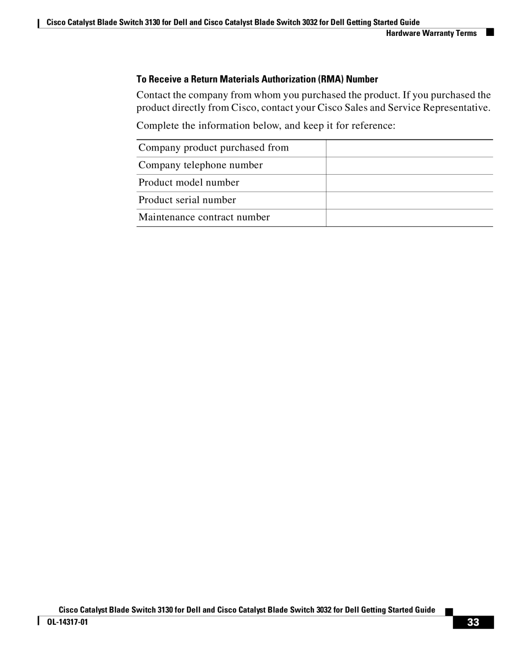 Cisco Systems 3130, 3032 manual To Receive a Return Materials Authorization RMA Number 