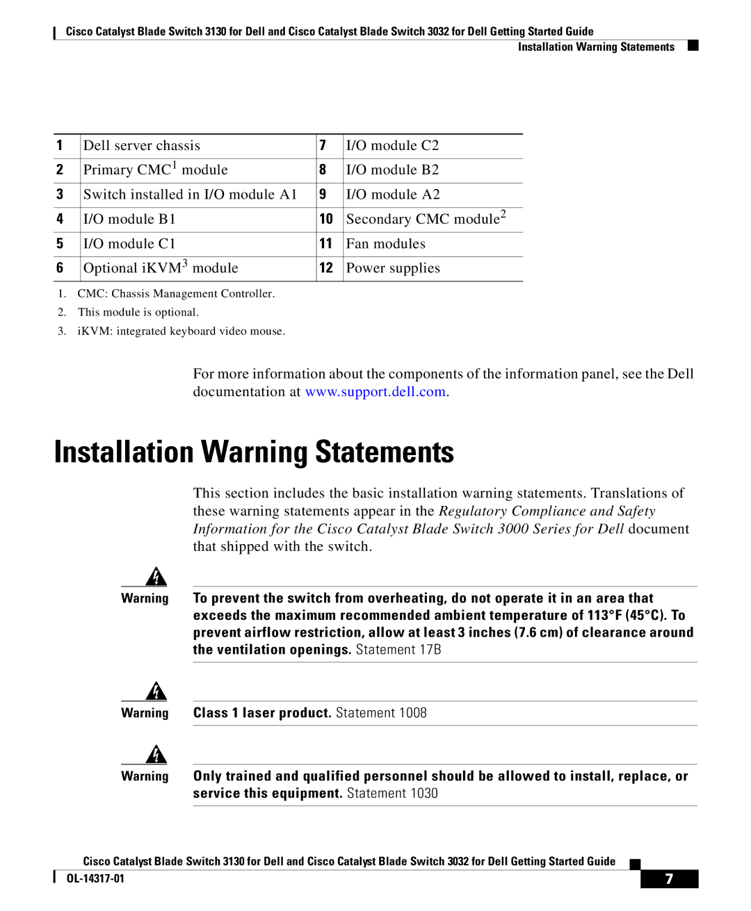 Cisco Systems 3130, 3032 manual Installation Warning Statements 