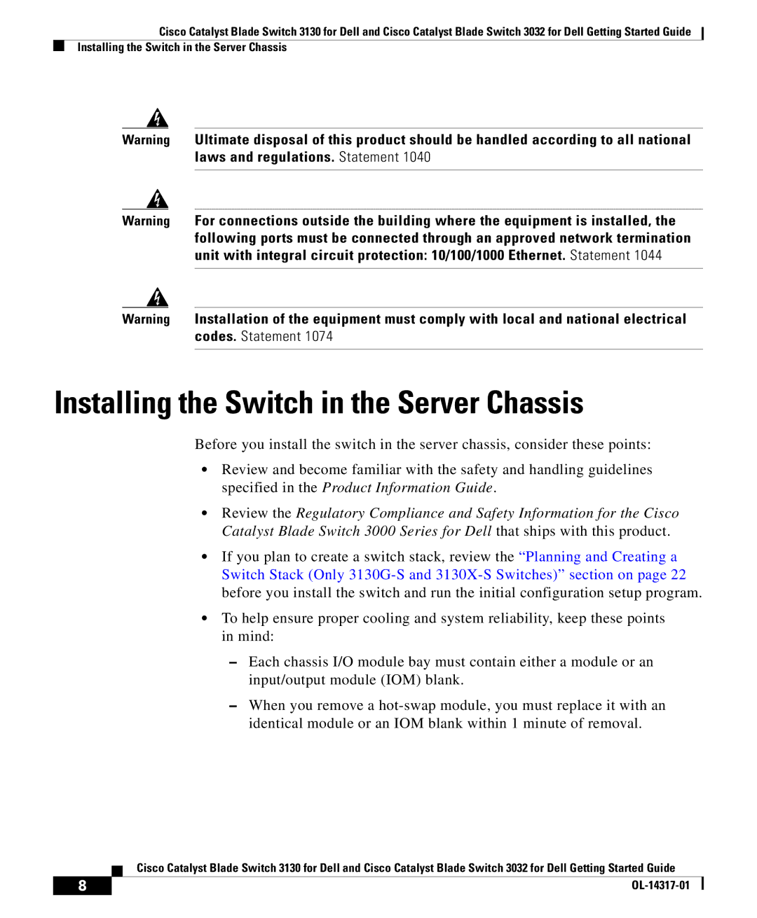 Cisco Systems 3032, 3130 manual Installing the Switch in the Server Chassis 