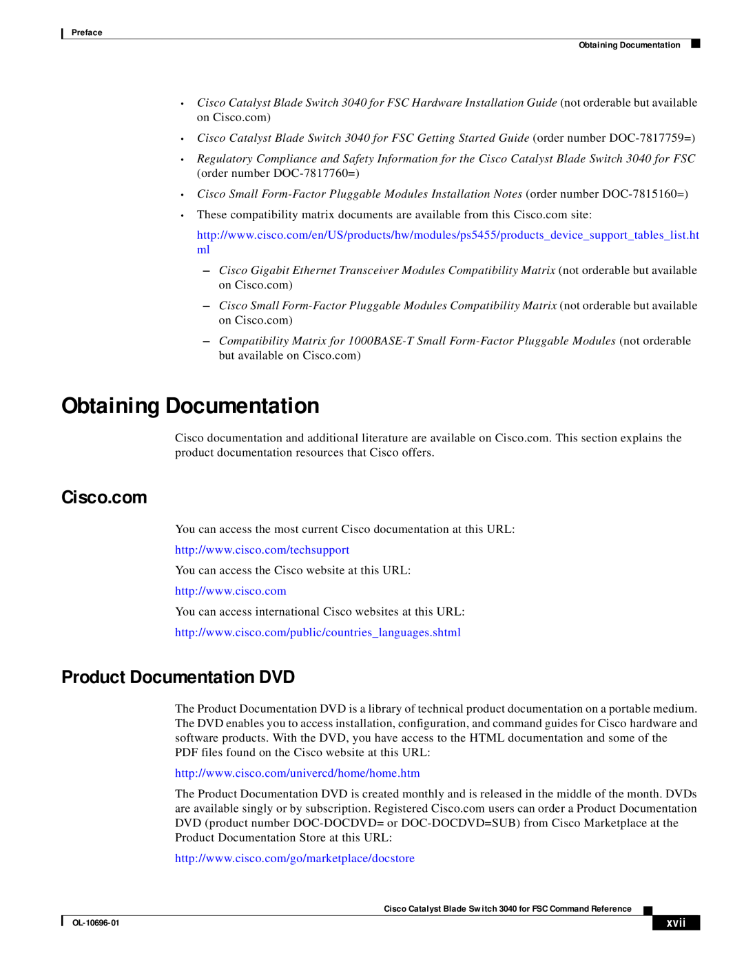 Cisco Systems 3040 manual Obtaining Documentation, Cisco.com, Product Documentation DVD, xvii 