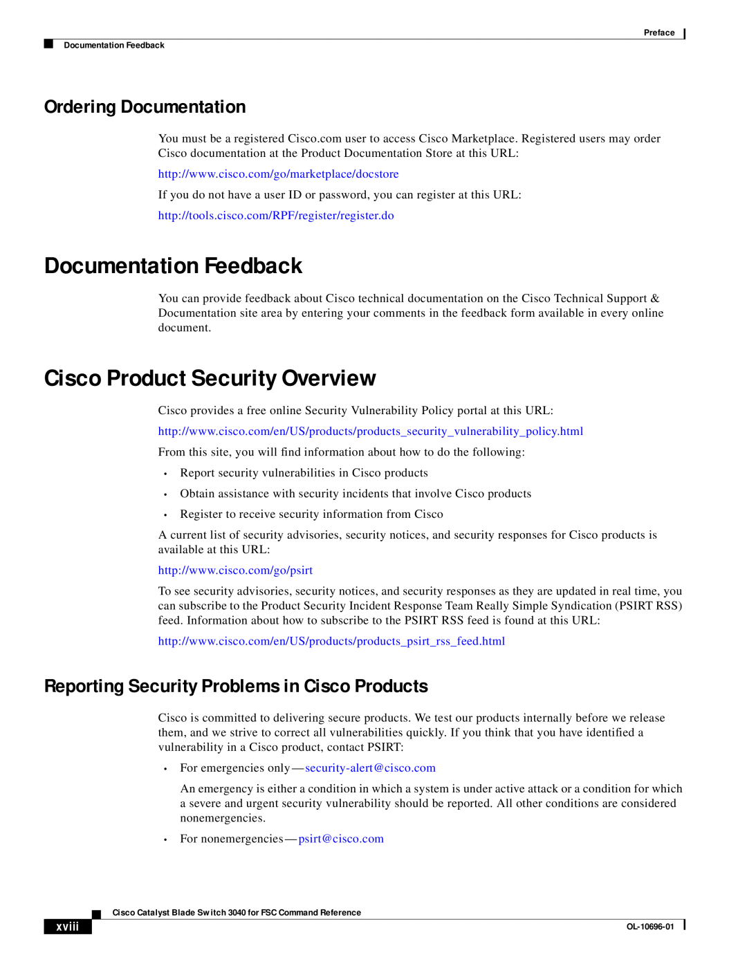 Cisco Systems 3040 manual Documentation Feedback, Cisco Product Security Overview, Ordering Documentation, xviii 