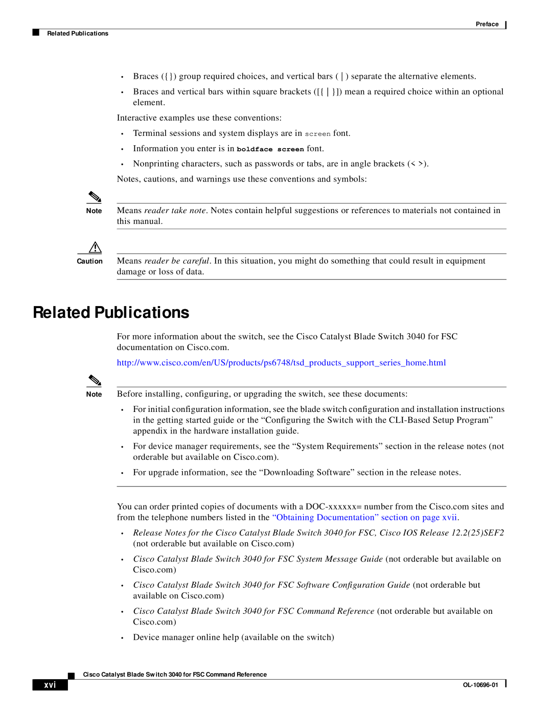 Cisco Systems 3040 manual Related Publications, Xvi 