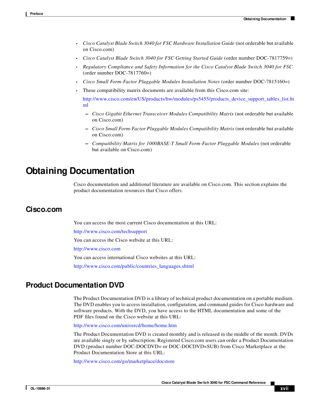 Cisco Systems 3040 manual Obtaining Documentation, Cisco.com, Product Documentation DVD, Xvii 