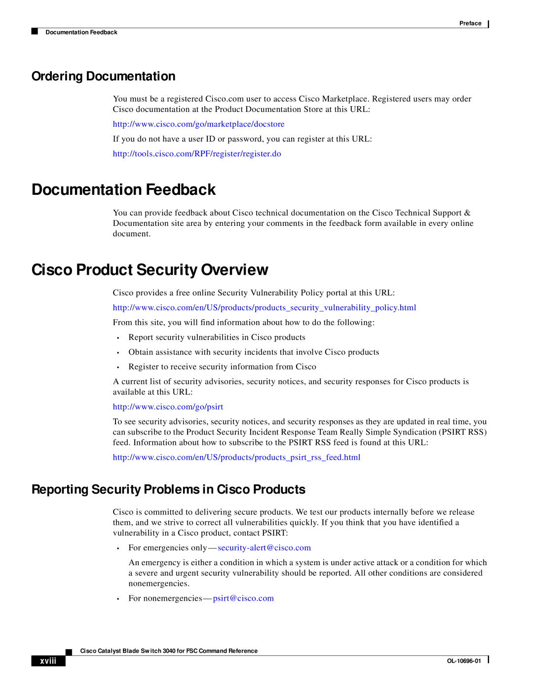 Cisco Systems 3040 manual Documentation Feedback, Cisco Product Security Overview, Ordering Documentation, Xviii 