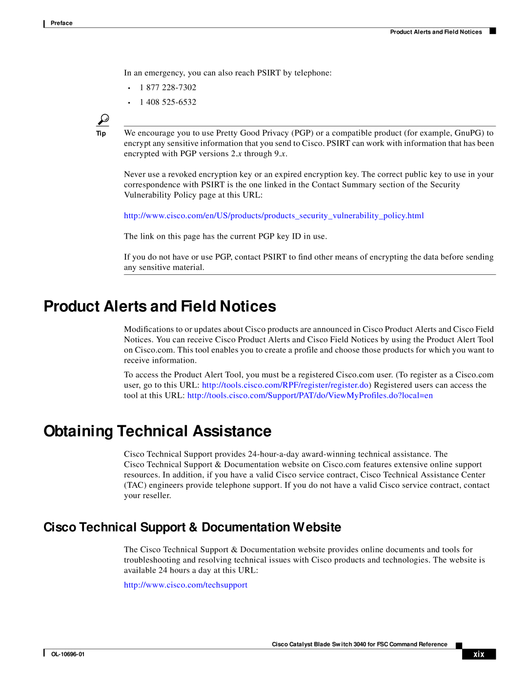 Cisco Systems 3040 manual Product Alerts and Field Notices, Obtaining Technical Assistance, Xix 