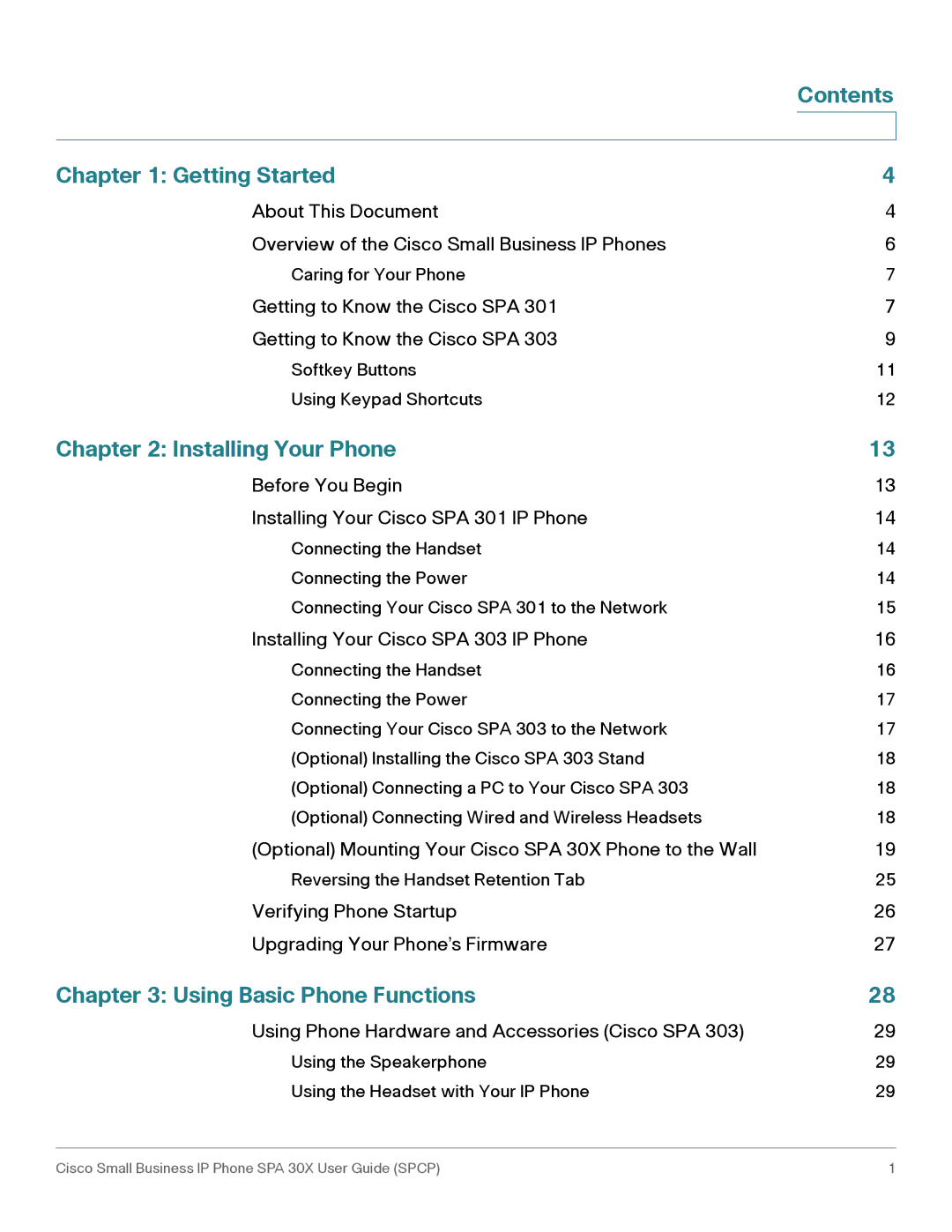 Cisco Systems 30X manual Contents Getting Started, Installing Your Phone, Using Basic Phone Functions 