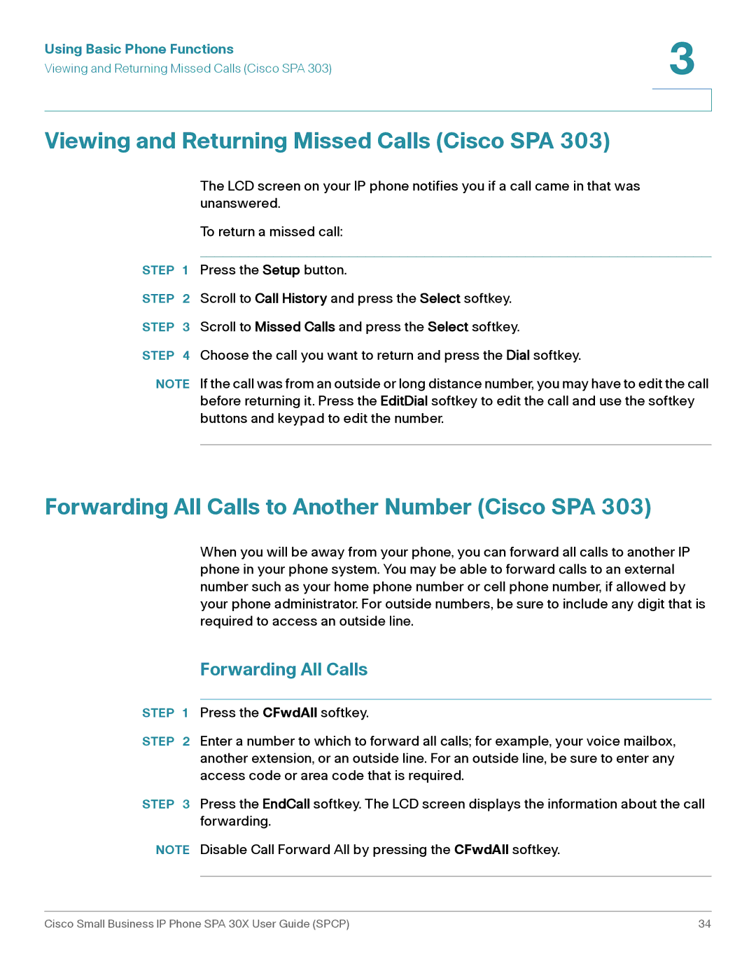 Cisco Systems 30X manual Viewing and Returning Missed Calls Cisco SPA, Forwarding All Calls to Another Number Cisco SPA 