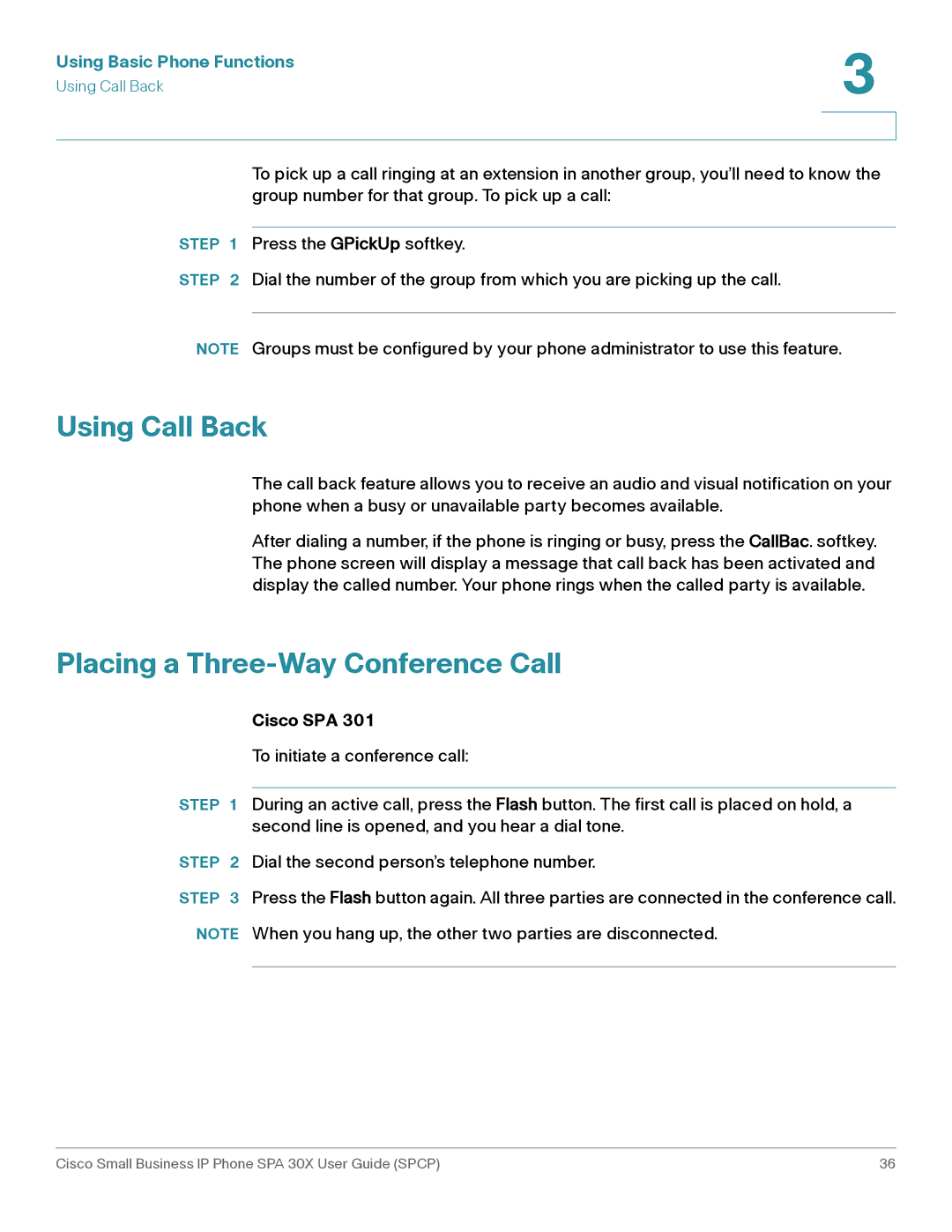 Cisco Systems 30X manual Using Call Back, Placing a Three-Way Conference Call 