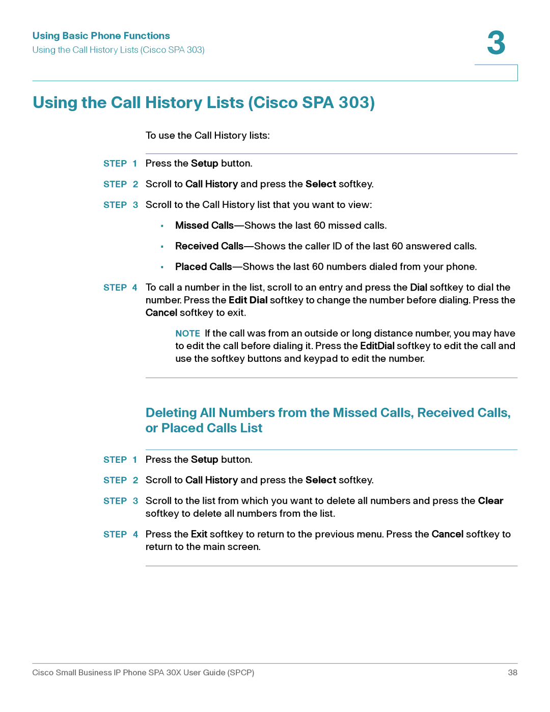 Cisco Systems 30X manual Using the Call History Lists Cisco SPA 