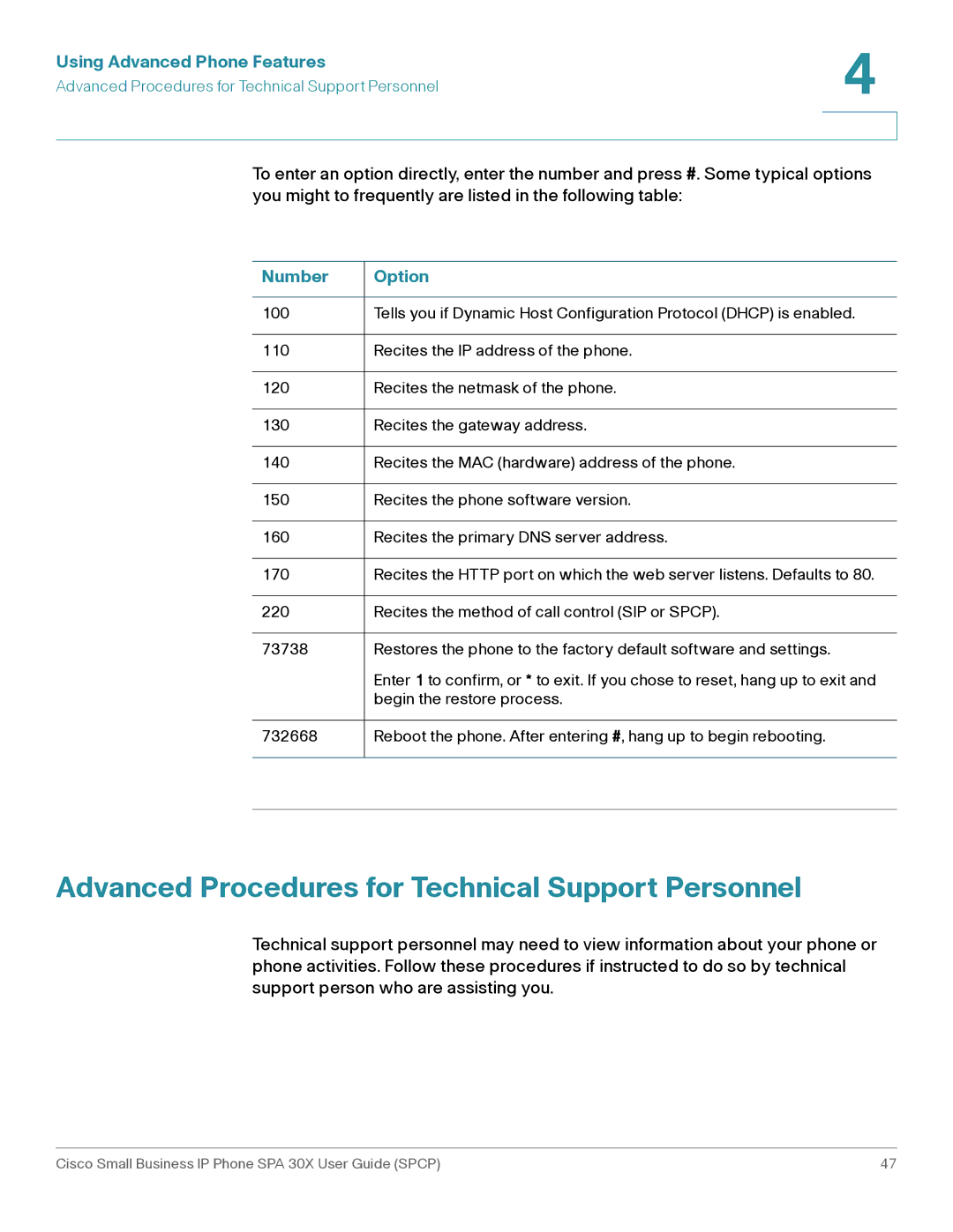 Cisco Systems 30X manual Advanced Procedures for Technical Support Personnel, Number Option 