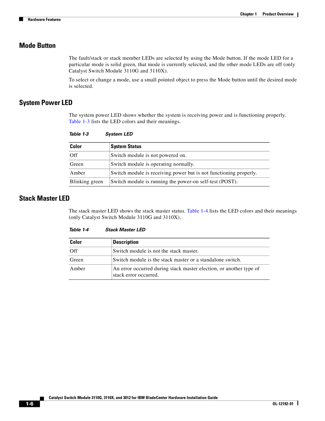 Cisco Systems 3110X, 3110G, 3012 Mode Button, System Power LED, Stack Master LED, Color System Status, Color Description 