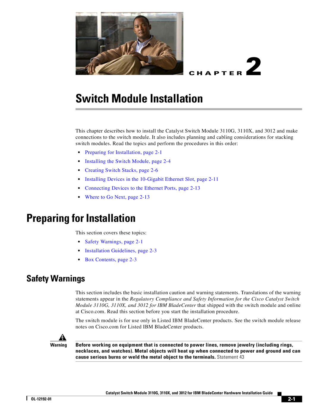 Cisco Systems 3012, 3110X, 3110G manual Switch Module Installation, Preparing for Installation, Safety Warnings 