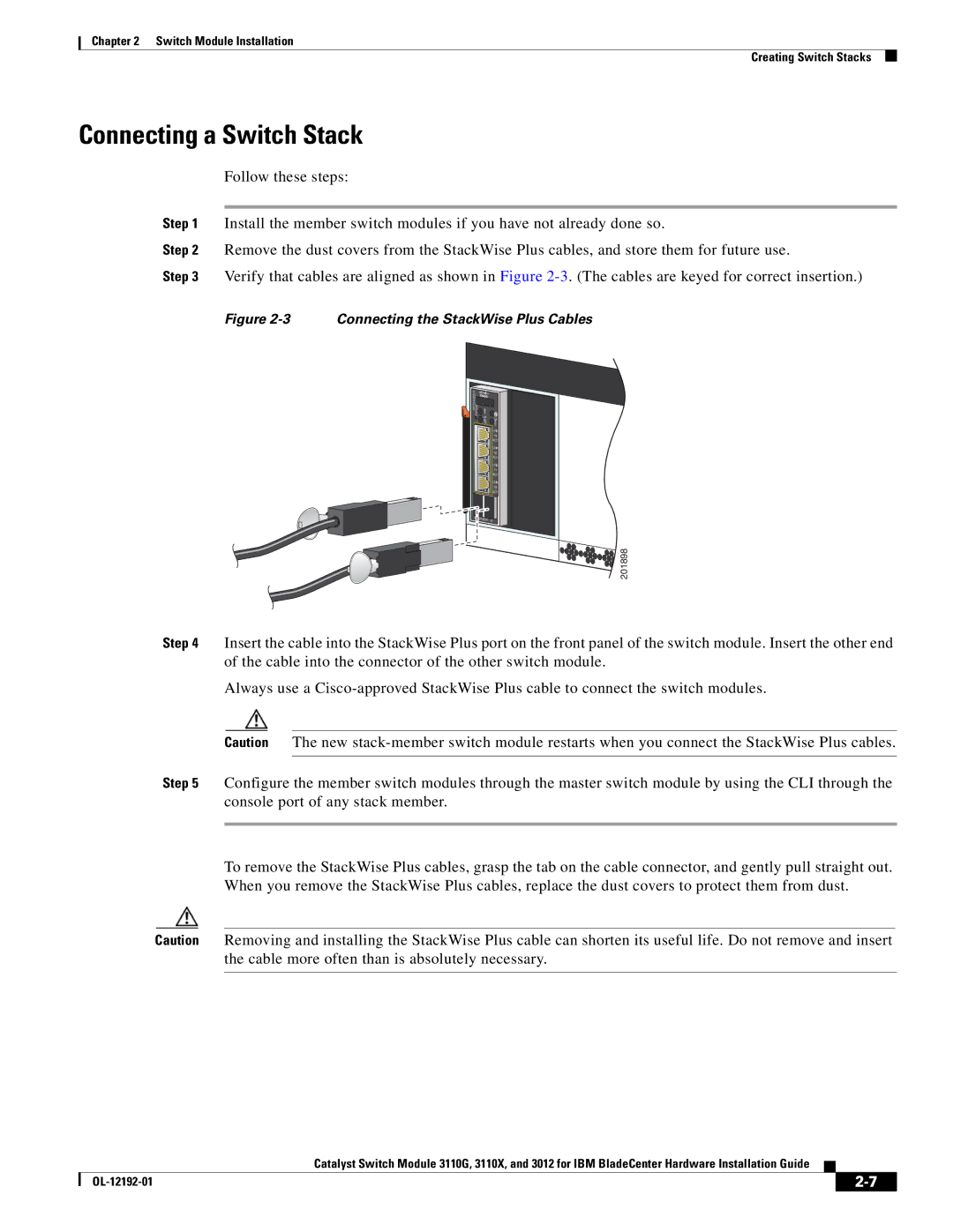 Cisco Systems 3012, 3110X, 3110G manual Connecting a Switch Stack, Connecting the StackWise Plus Cables 