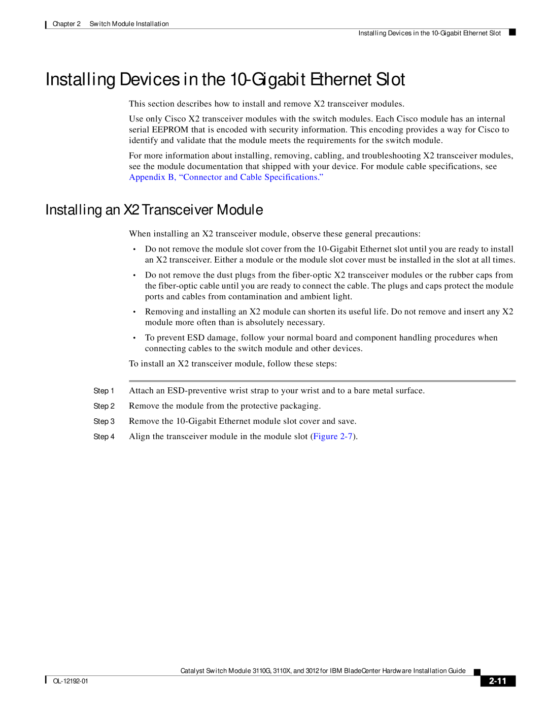 Cisco Systems 3110X, 3110G, 3012 Installing Devices in the 10-Gigabit Ethernet Slot, Installing an X2 Transceiver Module 