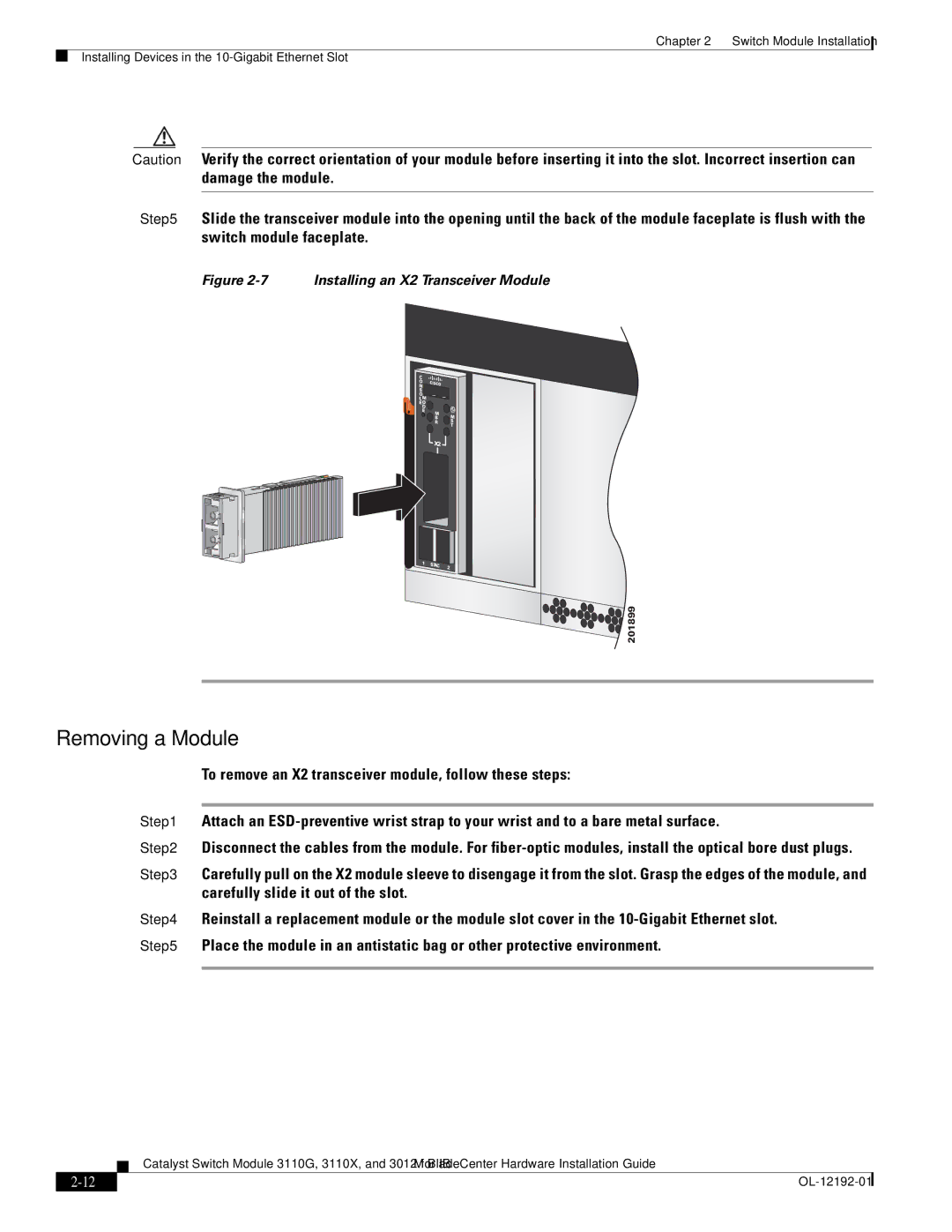 Cisco Systems 3110G, 3110X, 3012 manual Removing a Module, Installing an X2 Transceiver Module 